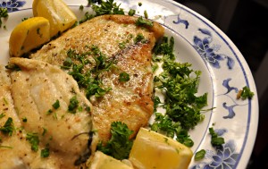 Flounder baked with lemon butter