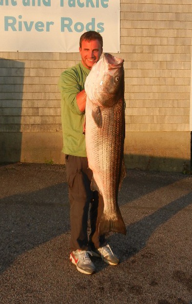 Johnathan Lewie with his 55.1lb striper on June 16th, 2013.