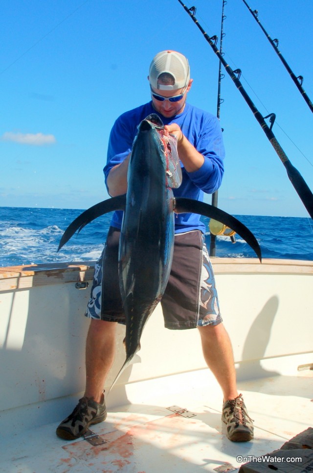 An exhausted and slightly embarrassed author shows off the wings (pectoral fins) on his longfin albacore.