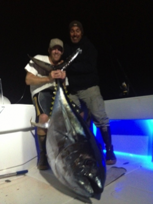 Jessie Stainislaw (left) and Carmen Rone aboard Good Karma out of Margate landed this 270-plus pound Big Eye, in the dark, on a Spinal Spinning Rod throwing a topwater!