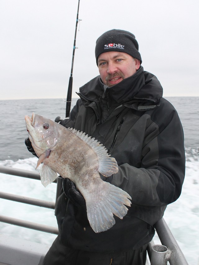 Neal Larsson holds a remarkably big wreck-dwelling cunner.