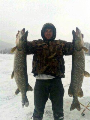 An impressive brace of pike caught by Justyn Tworig and his buddy Connor of Cheshire, Massachusetts. The double-header was released after the photo.
