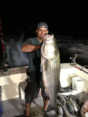 Romel Motilal caught this big striper with Sound Bound Charters out of New Rochelle on Tuesday night.