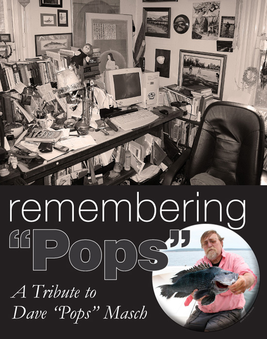 Top: Dave&rsquo;s desk at his home office was a clutter of oddities and artifacts from all over the world. Bottom: Dave Masch with a respectable sea bass caught in Vineyard Sound. Dave loved to fish, and loved teaching others.
