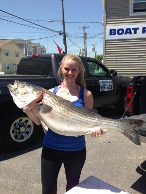 Dairra Keebler from Mantua brought in to Two Chums B&T a striper weighing 40.5 lbs and measuring 47 1/2 inches long! 