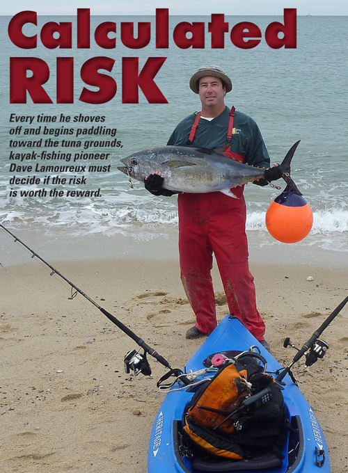 Lamoureux trolls for tuna from his kayak using two spinning outfits positioned behind him. On a typical day, he paddles over 15 miles.  