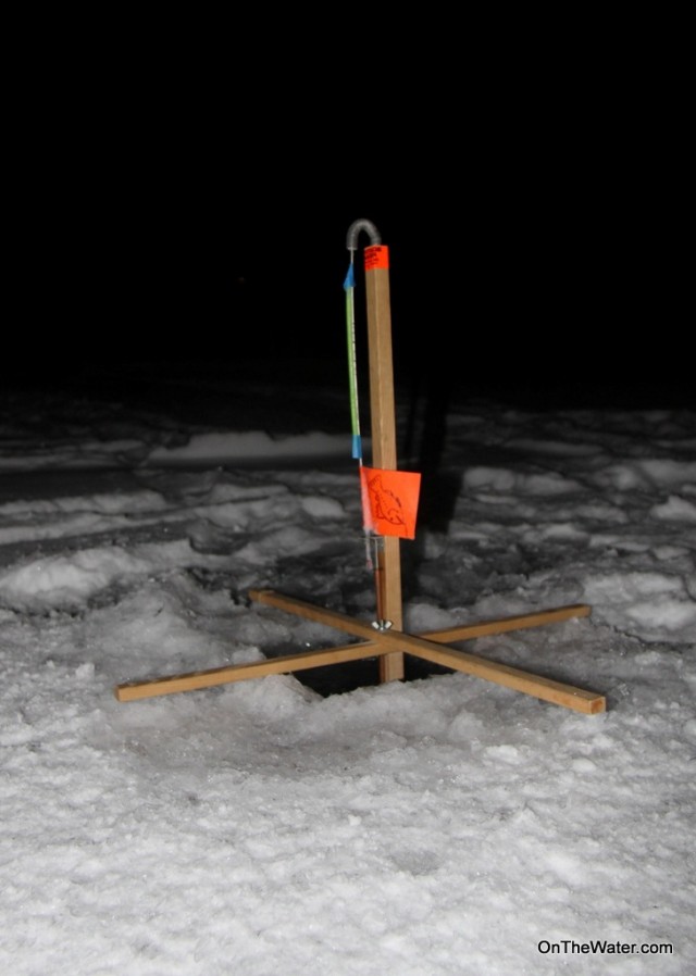 Attaching a glowstick to the tip-ups helps spot the flags in the dark.