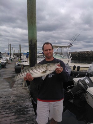 Rob Copeland caught this bass while waiting at the dock. Then he went out into some rough water and got skunked.