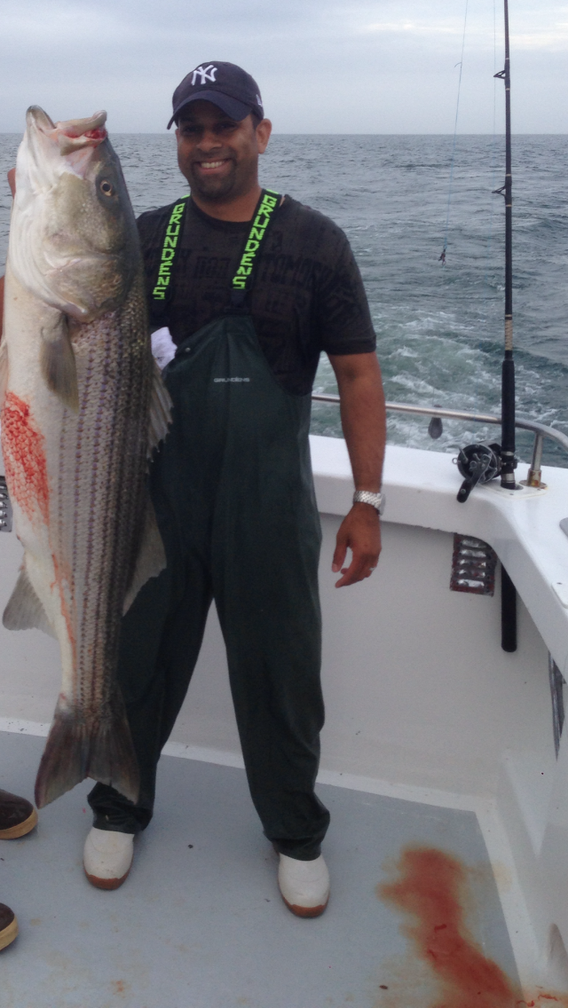 Romel Motilal Caught This 42 pound striper on live eels aboard Prime Time 3 out of Orient Point this week.