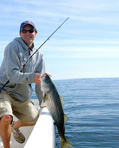 Kyle List with a healthy Provincetown striper. Bucktails and soft plastics cast to breaking bass off the Race bring instant hook-ups during the June run.
