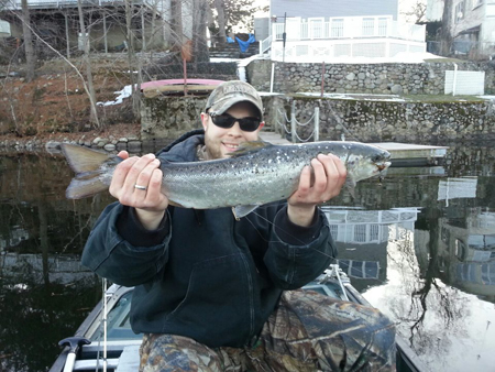 Stephen Foulds caught this beauty of a broodstock salmon out of Sluice Pond in Lynn Massachusetts on an ultra light rod with 4-pound-test line!