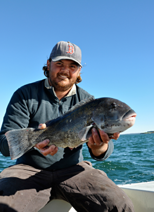 Captain Nat Chalkley targets small structure in 20 to 40 feet of water for October blackfish.