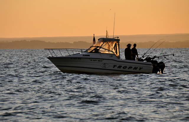 A boat trolls for Lake Ontario Salmon