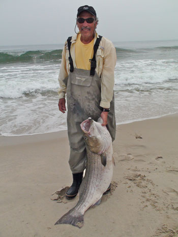 Shell E. Caris of Shore Catch Guide service with a big New Jersey surf striper.