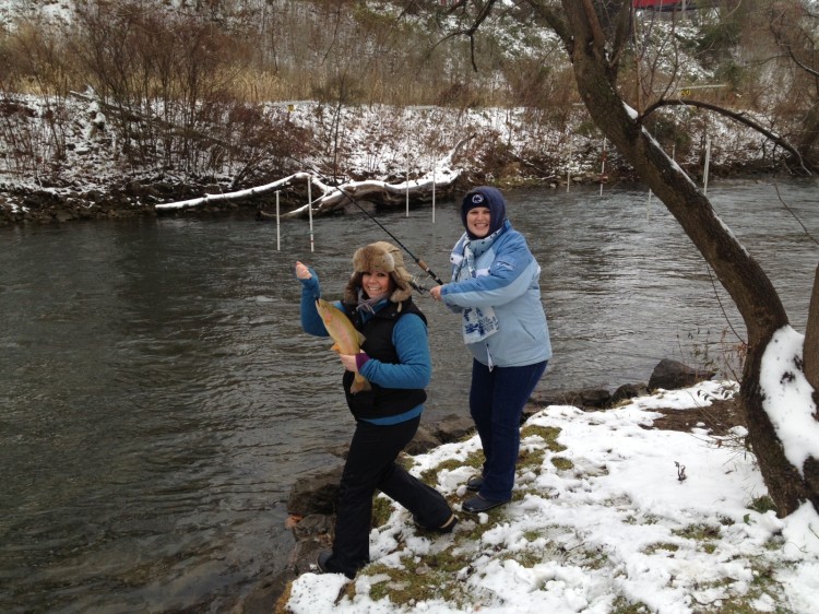 Katie Nihart and Dawn Peachey caught quite a few trout while fishing with fellow co-workers Dave Nihart and John Sinclair on Spring Creek.  Pictured here is a big Rainbow Trout that added to a great day of fishing.  Several trout between 12-18&rdquo; were caught.  The successful lure was a size F05 rapala with a black back and yellow belly.  Congratulations to Katie and Dawn on their great catch!