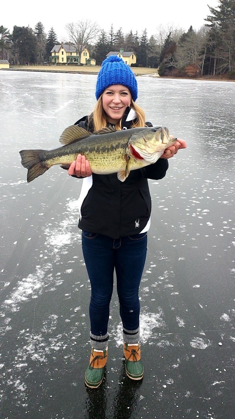 Kate Fickett landed this big bass in Carver, Massachusetts.