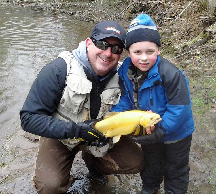 Tyler Ganz, age 5 of Montdale, was fishing with his Uncle, Jared Ganz, when he caught and released this Golden Rainbow in the South Branch Tunkhannock on the mentored youth fishing day.