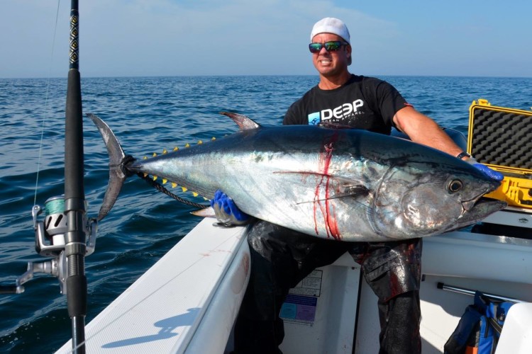 Bobby and Brady Rice teamed up to catch this big bluefin tuna off Cape Cod this week.