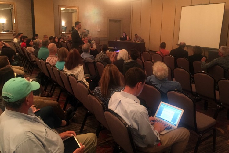 Mike Leonard, Ocean Resource Policy Director at the American Sportfishing Association, comments in favor of recreational fishing access at a NOAA town meeting on the marine monument proposal held in Providence, Rhode Island.