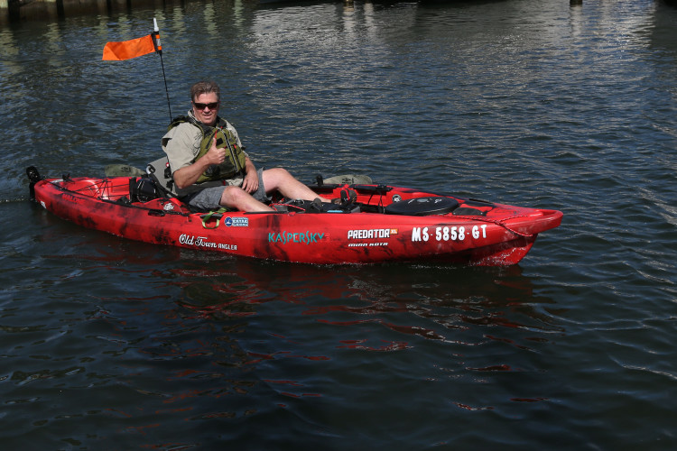 Old Town offered on-the-water trials of their Predator XL Minn-Kota kayak on Falmouth Harbor.