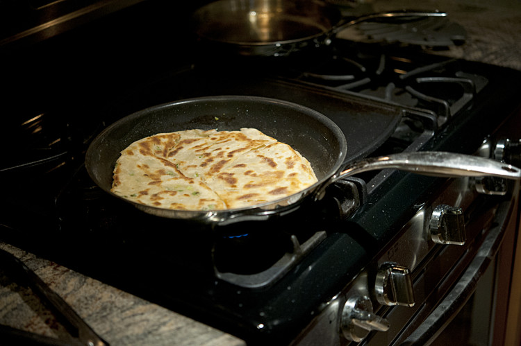 I made the scallion pancake crust in a 12-inch cast iron skillet.