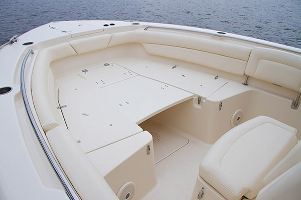 Grady-White Canyon 271 FS bow area with optional casting platform. Forward seating folded away.