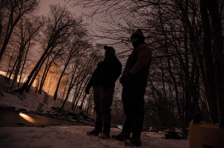 Ryan Bibeau and Anthony DeiCicci stake out a spot on the Salmon River.