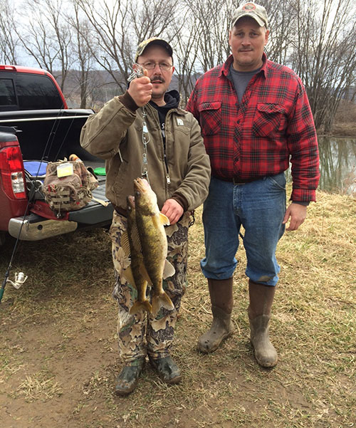 Fishing pals, John DiFonzo and Todd Holsinger of Lewis Run, PA, caught these beauties last weekend, just before Walleye season ended! One of the Walleye measured 23” and the other measured 25”. (photo by WCO Mader)