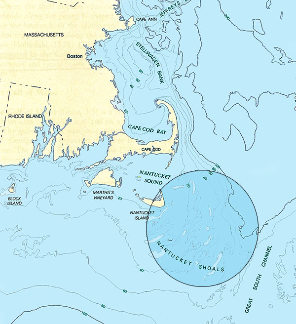 Nantucket Shoals is a vast area of shallow and constantly shifting bottom that extends 23 miles east and 40 miles southeast from Nantucket. 