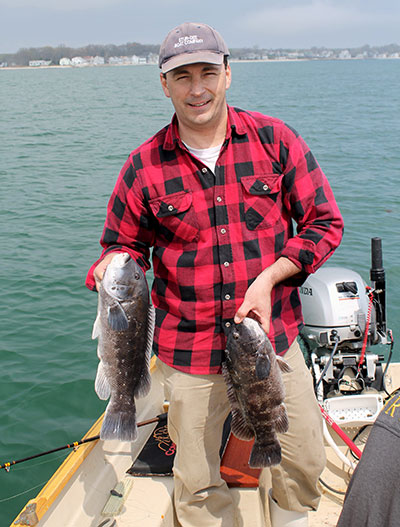 The author holds a pair of April blackfish taken on a shallow wreck.