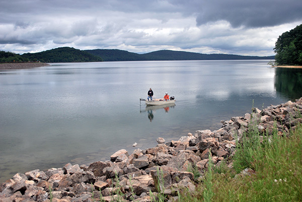 The riprap of Round Valley Reservoir is prime smallmouth habitat.