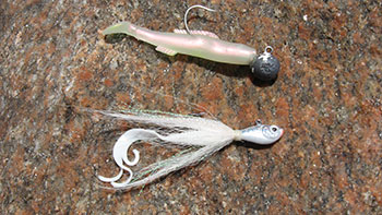 A Cocahoe Minnow on a 1/2  ounce jig head and the 1/2-ounce lead headed white bucktail jig with a twister tail are the two top early season artificial lures for striped bass.