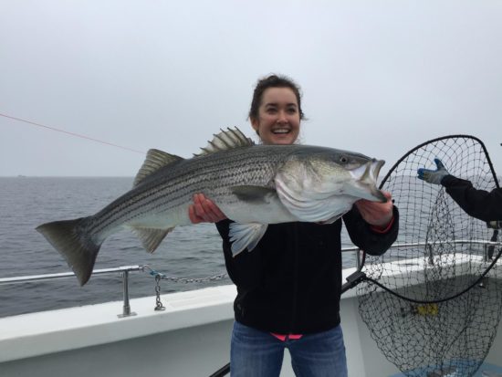 Melanie Sturm from the American Sportfishing Association caught this beautiful striped bass at the mouth of Chesapeake Bay this week on board Bay Hunter.