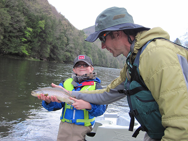 During a recent drift boat trip down Pine Creek, Logan Daniel (age 5), landed a 17” Brown Trout using a caddis larvae nymph!