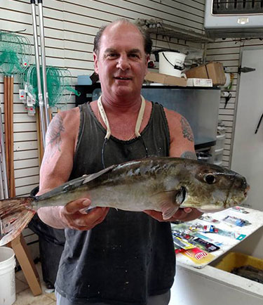 Don Decarro with a 6-pound smooth puffer fish he weighed in at Julian's Bait and Tackle.