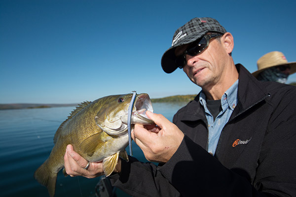 Slow drags along the top of a deep bar were all it took to fool this smallmouth with a drop-shot.