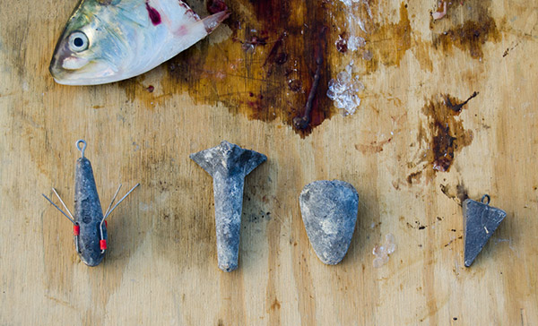 Choosing the right sinker style is important for keeping your chunk on the bottom and in the strike zone. From left to right: Sputnik, Hatteras, Wedge, Pyramid.