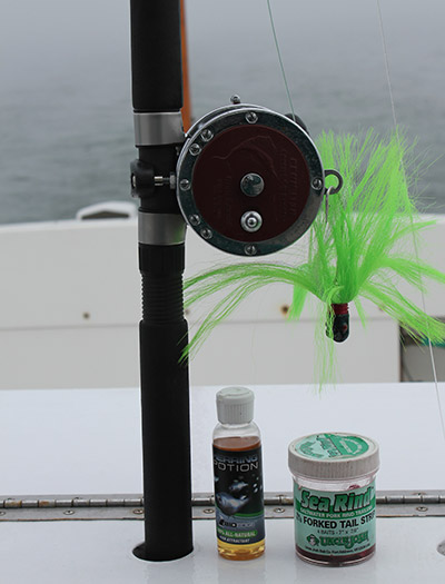 The tools of the trade: Penn 113HSP, CMS fiberglass rod, Monel wire, Berkley Trilene, Sea Wolfe shovelhead jig, Uncle Josh Sea Rind and BioEdge Herring Potion. 