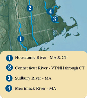 Housatonic River, Connecticut River, Sudbury River and Merrimack River