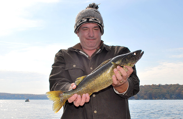 This nice walleye was caught on a cold October morning with a live herring at the bottom of a dropoff.
