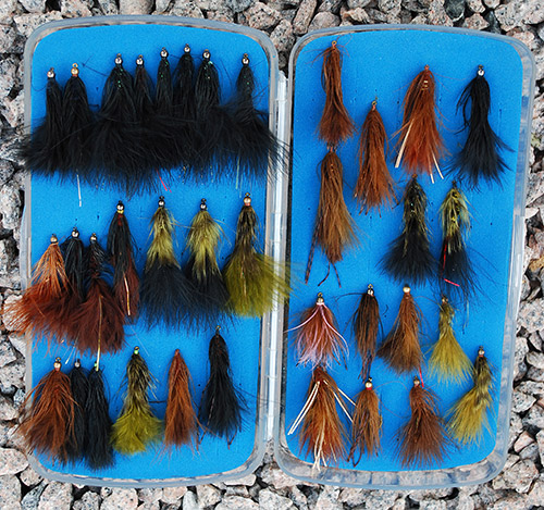 fly box filled with nymphs, streamers, woolly worms, leeches, Gaines Black Gnats and Sneaky Petes.