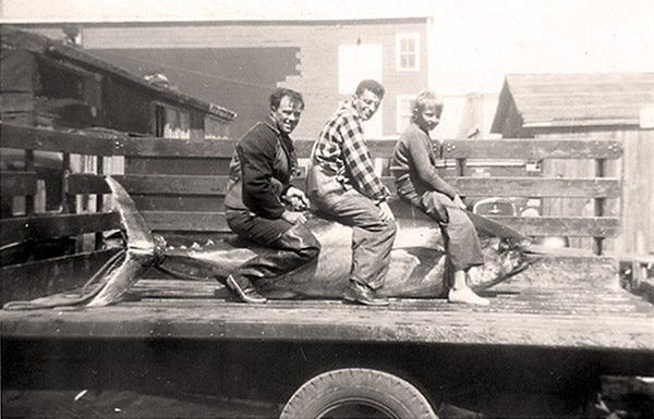 “Horsing” around! The boys take a quick break from their work to pose with a “horse” mackerel (bluefin tuna.)