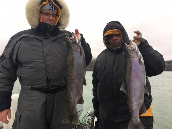 Jon Robins and Eric Dixon of Niagara Falls hit this double-header today while fishing with Capt. Frank Campbell.