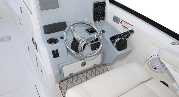 Designed for equally comfortable operation whether seated or standing, the helm pod is laid out to take up to a 12 " GPS unit and is colored to reduce glare and be easy on the eyes.