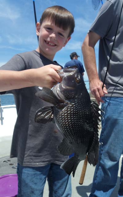 Evan Merrill with one of many nice sea bass during his trip on the Frances Fleet