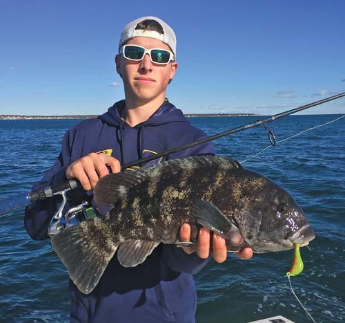 Brian Weiss used spinning gear and a jig to catch this Long Island Sound blackfish.