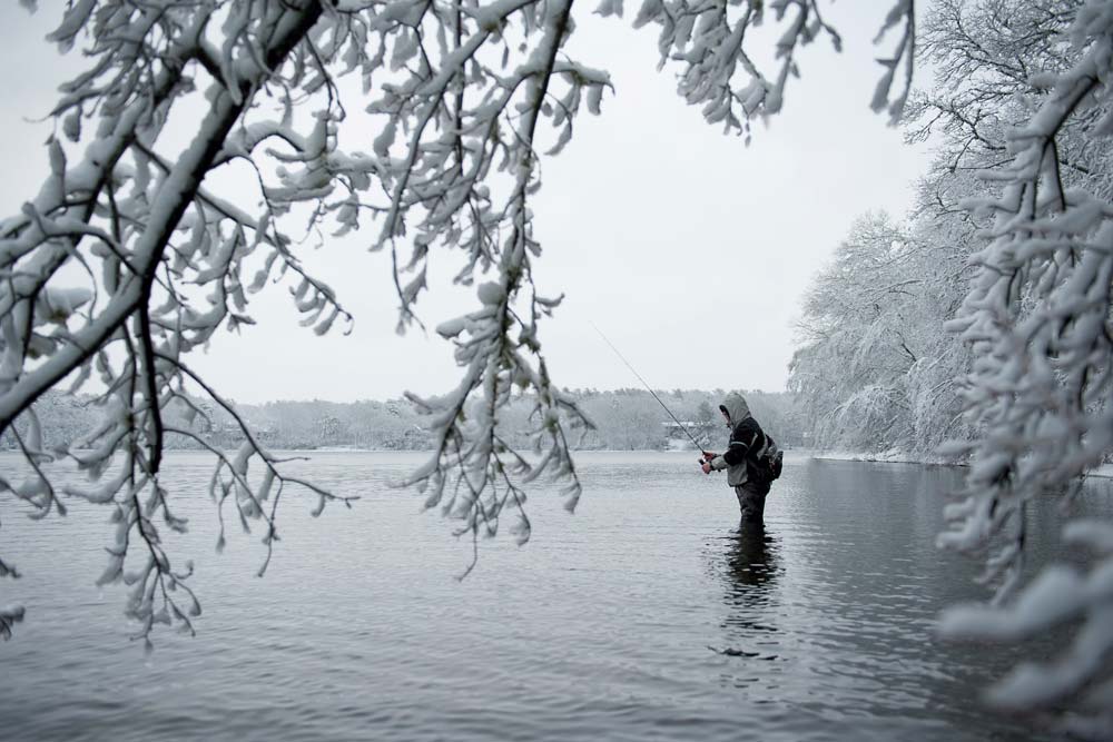 Winter trout fishing in the snow