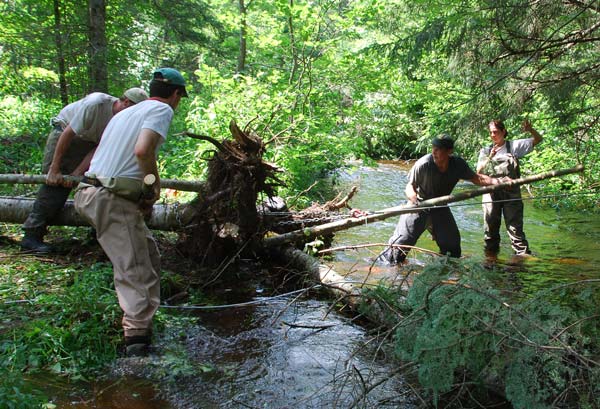 crew uses a grip hoist to properly position woo