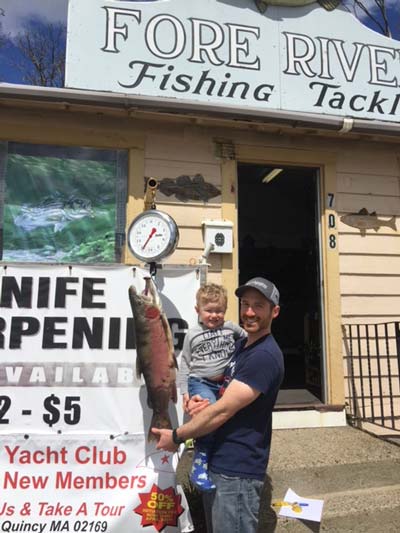 Three year old Zachary Kidd caught this 12 pound rainbow trout at Jamaica Pond!