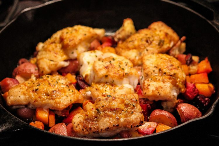 Skillet Cod with Roasted Root Vegetables